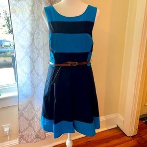 Cute two toned dress (bright and navy blue) with tan belt by Teeze Me
